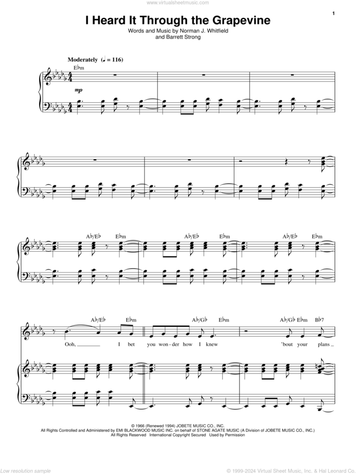 I Heard It Through The Grapevine sheet music for voice and piano by Marvin Gaye, Barrett Strong and Norman Whitfield, intermediate skill level