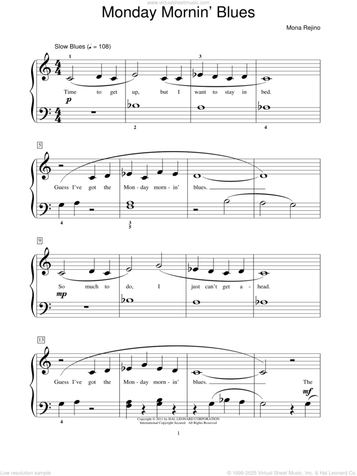 Monday Mornin' Blues sheet music for piano solo (elementary) by Mona Rejino and Miscellaneous, beginner piano (elementary)