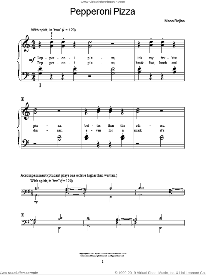 Pepperoni Pizza sheet music for piano solo (elementary) by Mona Rejino and Miscellaneous, beginner piano (elementary)