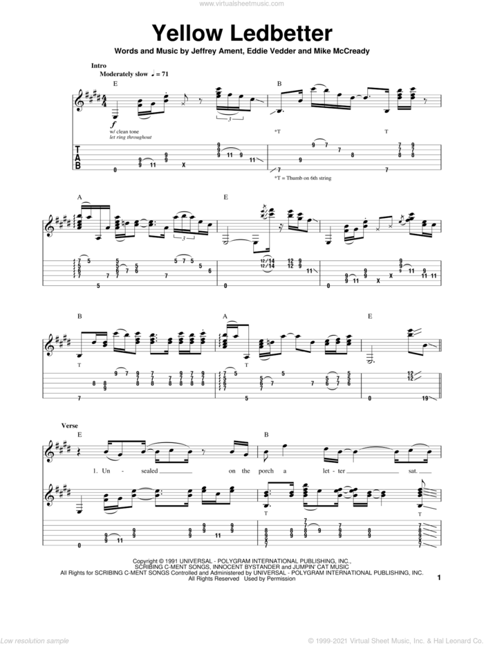 Yellow Ledbetter sheet music for guitar (tablature, play-along) by Pearl Jam, Eddie Vedder, Jeffrey Ament and Mike McCready, intermediate skill level