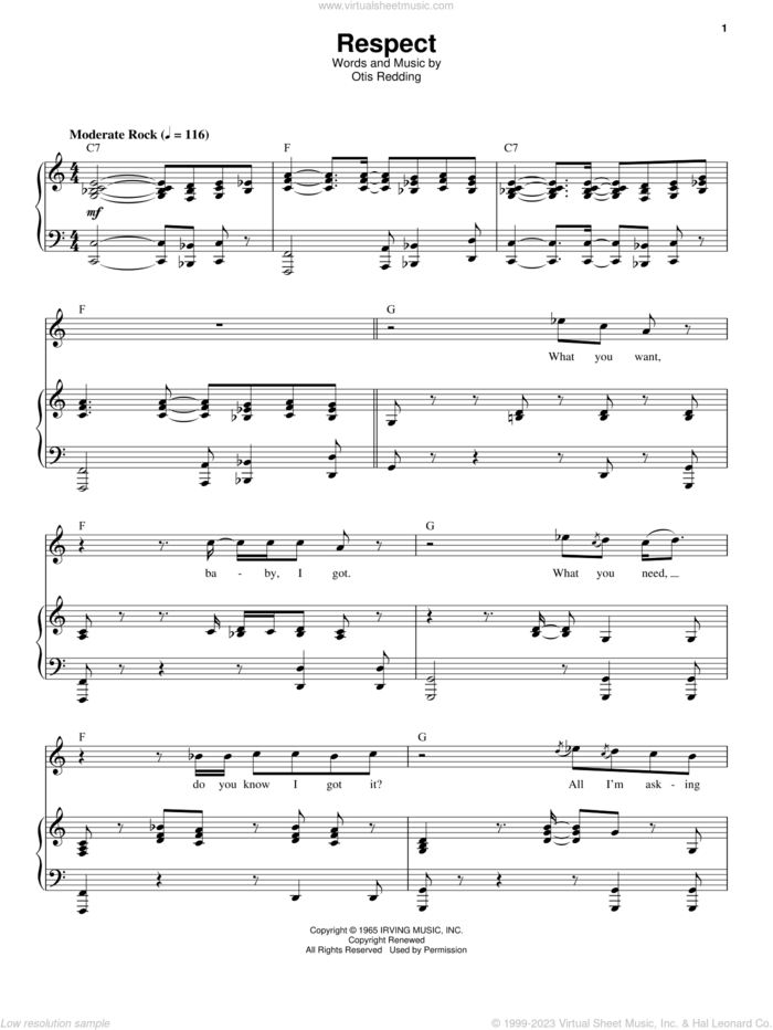 Respect sheet music for voice and piano by Aretha Franklin and Otis Redding, intermediate skill level