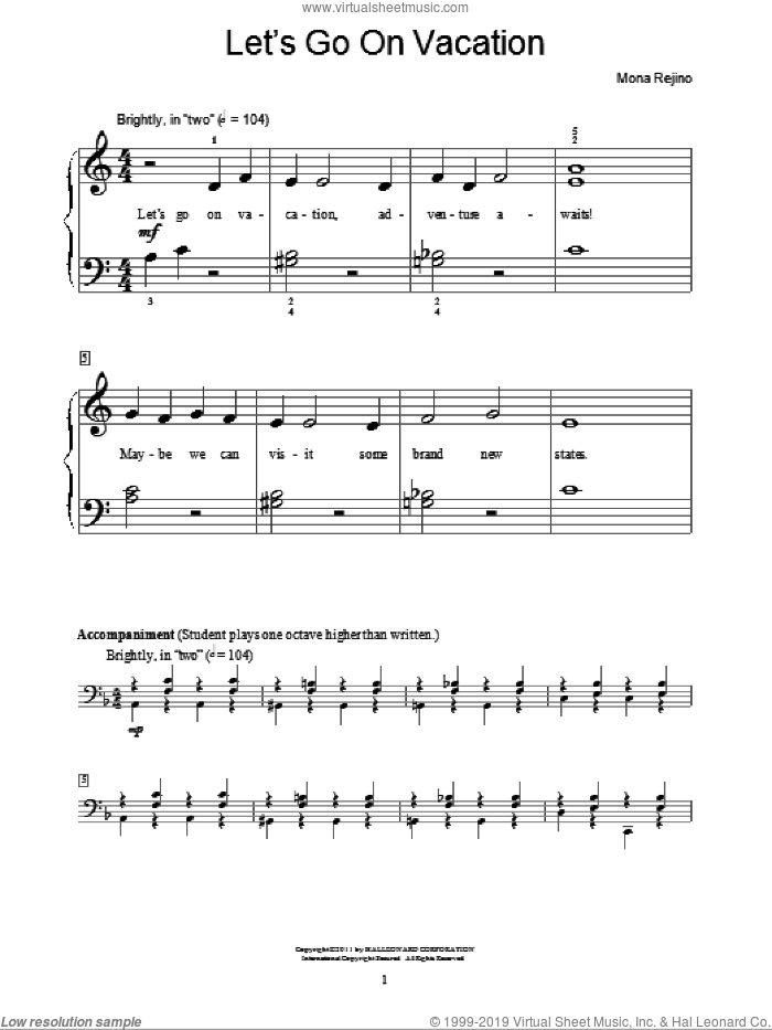 Let's Go On Vacation sheet music for piano solo (elementary) by Mona Rejino and Miscellaneous, beginner piano (elementary)