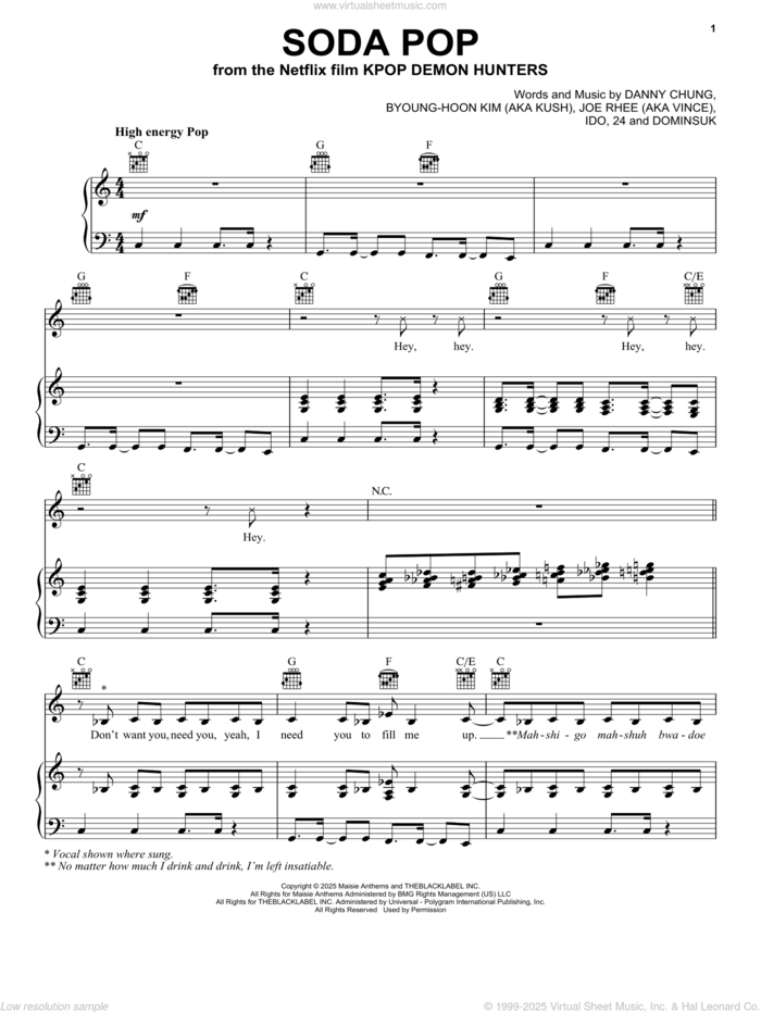Soda Pop (from KPop Demon Hunters) sheet music for voice, piano or guitar by Saja Boys, Byoung-Hoon Kim (Aka Kush), Danny Chung and Joe Rhee (Aka Vince), intermediate skill level