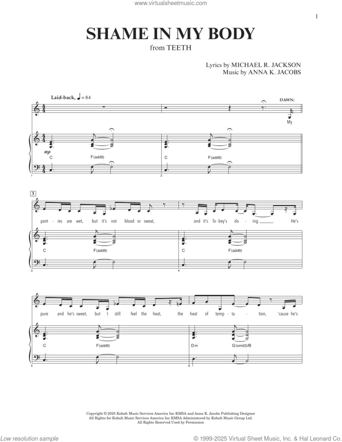 Shame In My Body (from Teeth) sheet music for voice and piano by Michael R. Jackson, Anna K. Jacobs and Anna K. Jacobs and Michael R. Jackson, intermediate skill level