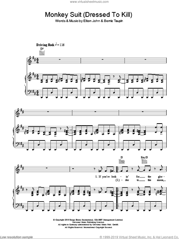 Monkey Suit sheet music for voice, piano or guitar by Elton John, Leon Russell and Bernie Taupin, intermediate skill level