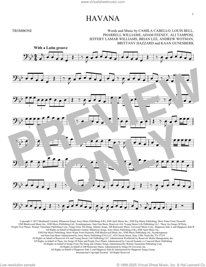 Havana (feat. Young Thug) sheet music for trombone solo by Camila Cabello, Adam Feeney, Ali Tamposi, Andrew Wotman, Brian Lee, Brittany Hazzard, Jeffery Lamar Williams, Kaan Gunesberk, Louis Bell and Pharrell Williams, intermediate skill level