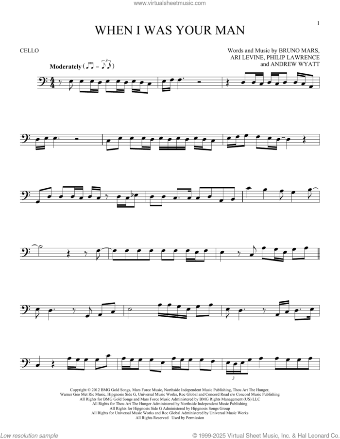 When I Was Your Man sheet music for cello solo by Bruno Mars, Andrew Wyatt, Ari Levine, Peter Gene Hernandez and Philip Lawrence II, intermediate skill level