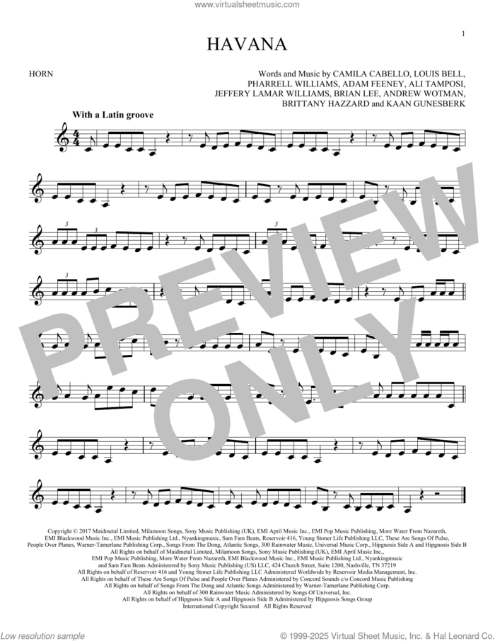 Havana (feat. Young Thug) sheet music for horn solo by Camila Cabello, Adam Feeney, Ali Tamposi, Andrew Wotman, Brian Lee, Brittany Hazzard, Jeffery Lamar Williams, Kaan Gunesberk, Louis Bell and Pharrell Williams, intermediate skill level