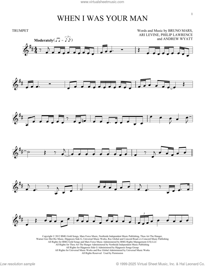 When I Was Your Man sheet music for trumpet solo by Bruno Mars, Andrew Wyatt, Ari Levine, Peter Gene Hernandez and Philip Lawrence II, intermediate skill level