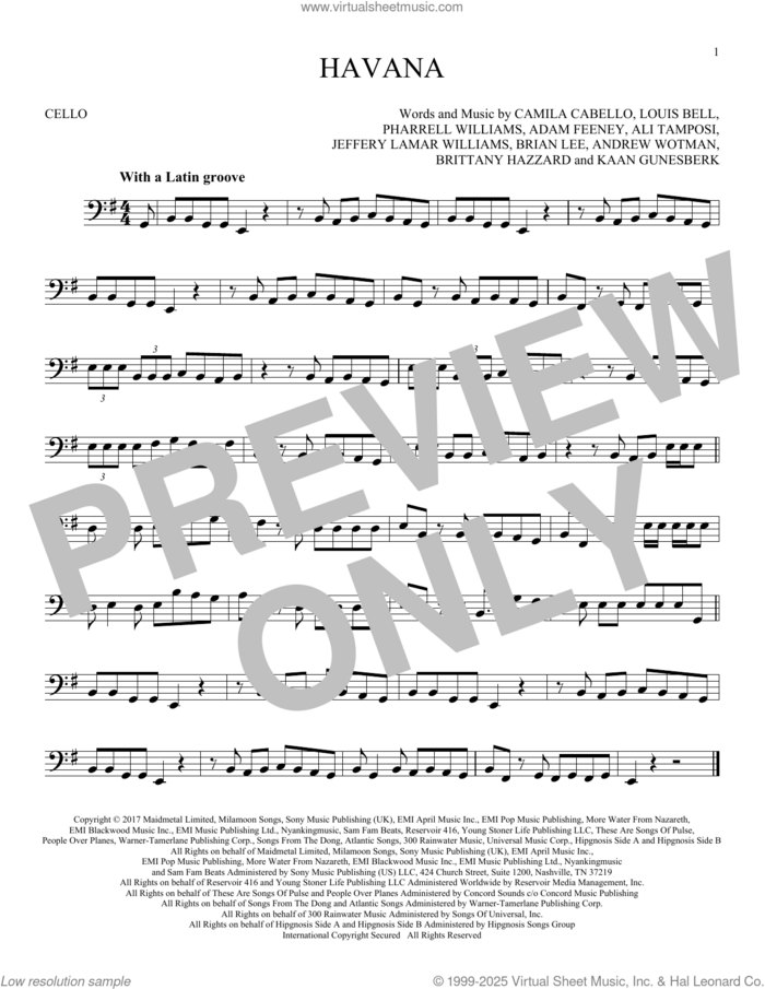 Havana (feat. Young Thug) sheet music for cello solo by Camila Cabello, Adam Feeney, Ali Tamposi, Andrew Wotman, Brian Lee, Brittany Hazzard, Jeffery Lamar Williams, Kaan Gunesberk, Louis Bell and Pharrell Williams, intermediate skill level