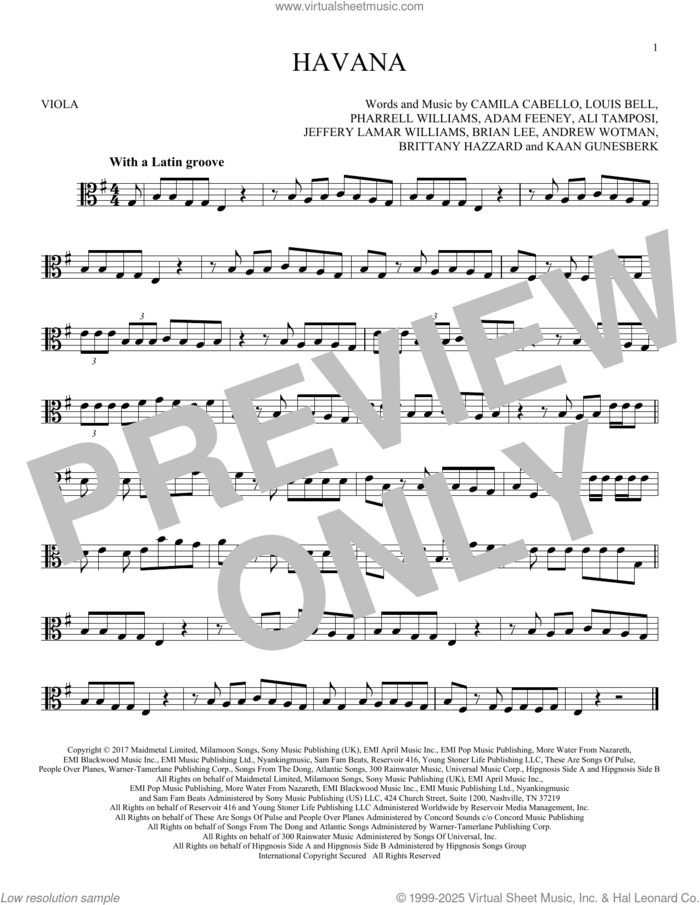 Havana (feat. Young Thug) sheet music for viola solo by Camila Cabello, Adam Feeney, Ali Tamposi, Andrew Wotman, Brian Lee, Brittany Hazzard, Jeffery Lamar Williams, Kaan Gunesberk, Louis Bell and Pharrell Williams, intermediate skill level