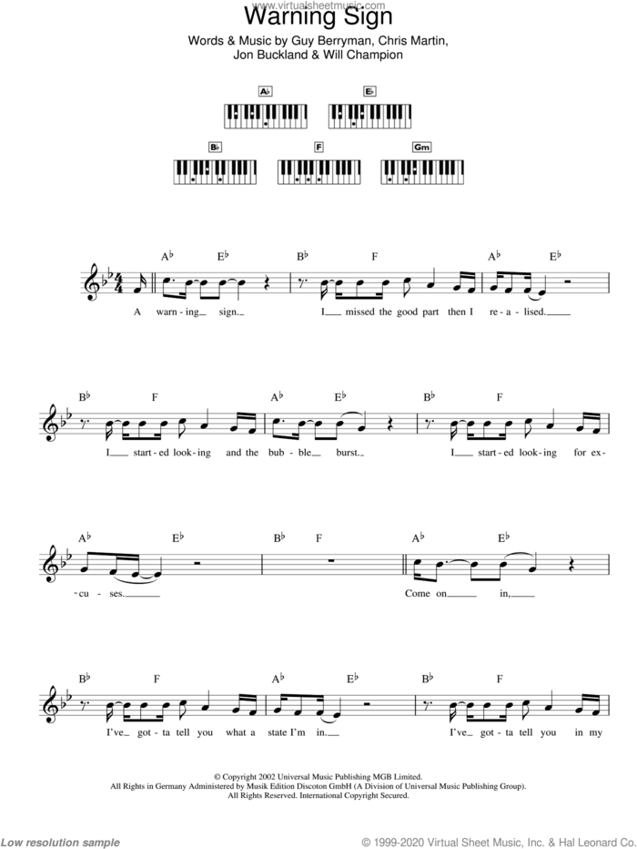 Warning Sign sheet music for piano solo (chords, lyrics, melody) by Coldplay, Chris Martin, Guy Berryman, Jon Buckland and Will Champion, intermediate piano (chords, lyrics, melody)