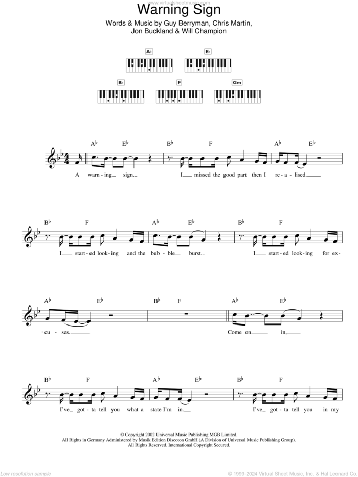 Warning Sign sheet music for piano solo (chords, lyrics, melody) by Coldplay, Chris Martin, Guy Berryman, Jon Buckland and Will Champion, intermediate piano (chords, lyrics, melody)