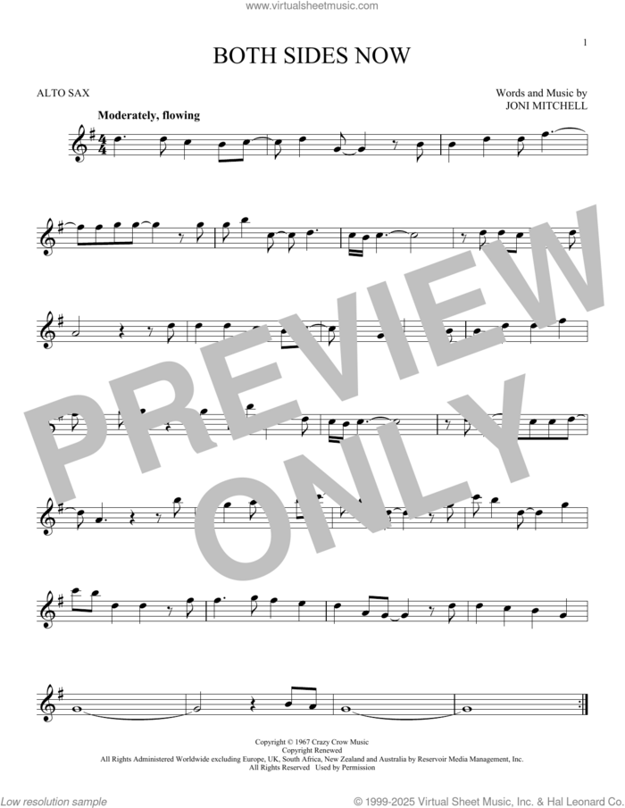 Both Sides Now sheet music for alto saxophone solo by Joni Mitchell, intermediate skill level