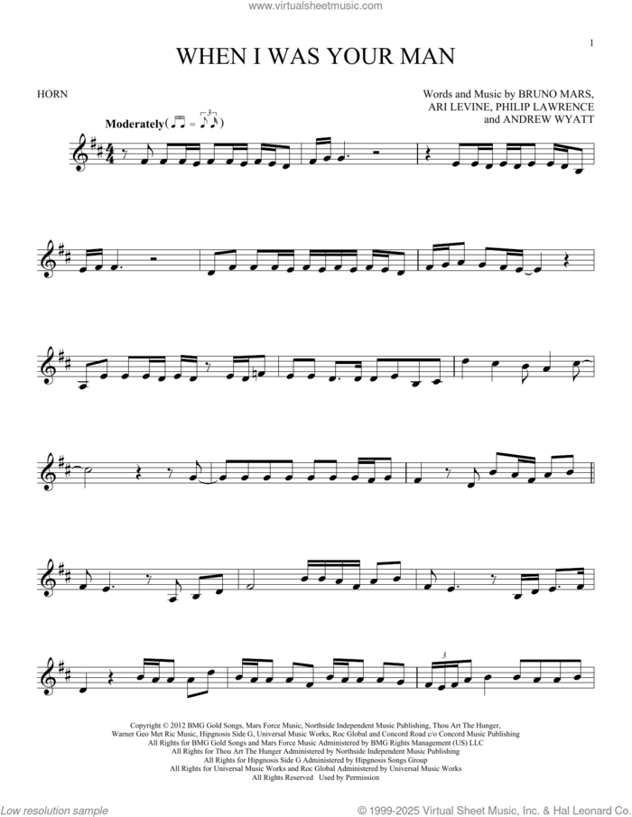 When I Was Your Man sheet music for horn solo by Bruno Mars, Andrew Wyatt, Ari Levine, Peter Gene Hernandez and Philip Lawrence II, intermediate skill level