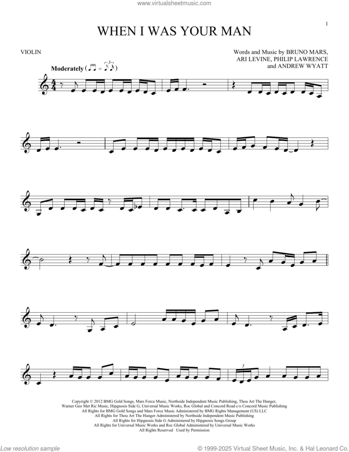 When I Was Your Man sheet music for violin solo by Bruno Mars, Andrew Wyatt, Ari Levine, Peter Gene Hernandez and Philip Lawrence II, intermediate skill level