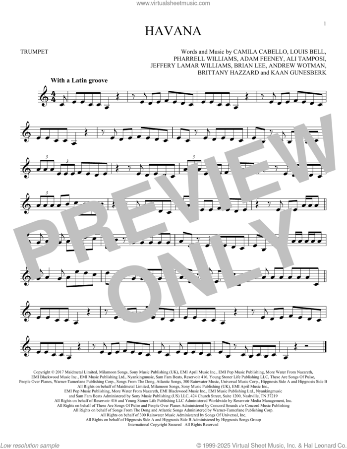 Havana (feat. Young Thug) sheet music for trumpet solo by Camila Cabello, Adam Feeney, Ali Tamposi, Andrew Wotman, Brian Lee, Brittany Hazzard, Jeffery Lamar Williams, Kaan Gunesberk, Louis Bell and Pharrell Williams, intermediate skill level