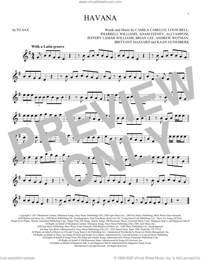 Havana (feat. Young Thug) sheet music for alto saxophone solo by Camila Cabello, Adam Feeney, Ali Tamposi, Andrew Wotman, Brian Lee, Brittany Hazzard, Jeffery Lamar Williams, Kaan Gunesberk, Louis Bell and Pharrell Williams, intermediate skill level