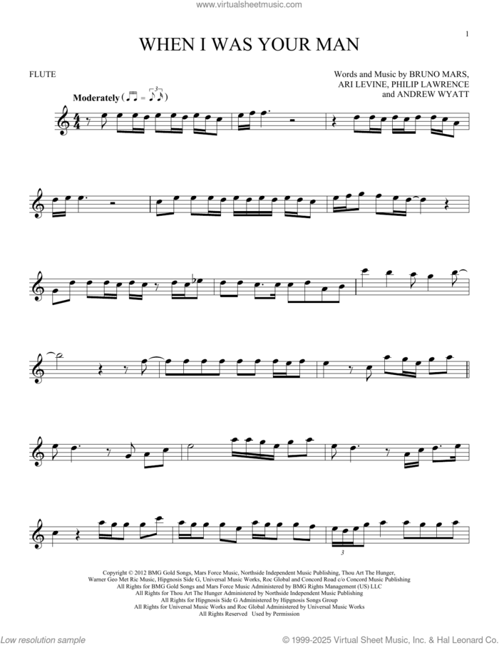 When I Was Your Man sheet music for flute solo by Bruno Mars, Andrew Wyatt, Ari Levine, Peter Gene Hernandez and Philip Lawrence II, intermediate skill level
