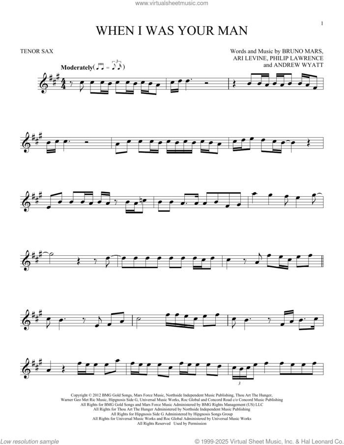 When I Was Your Man sheet music for tenor saxophone solo by Bruno Mars, Andrew Wyatt, Ari Levine, Peter Gene Hernandez and Philip Lawrence II, intermediate skill level