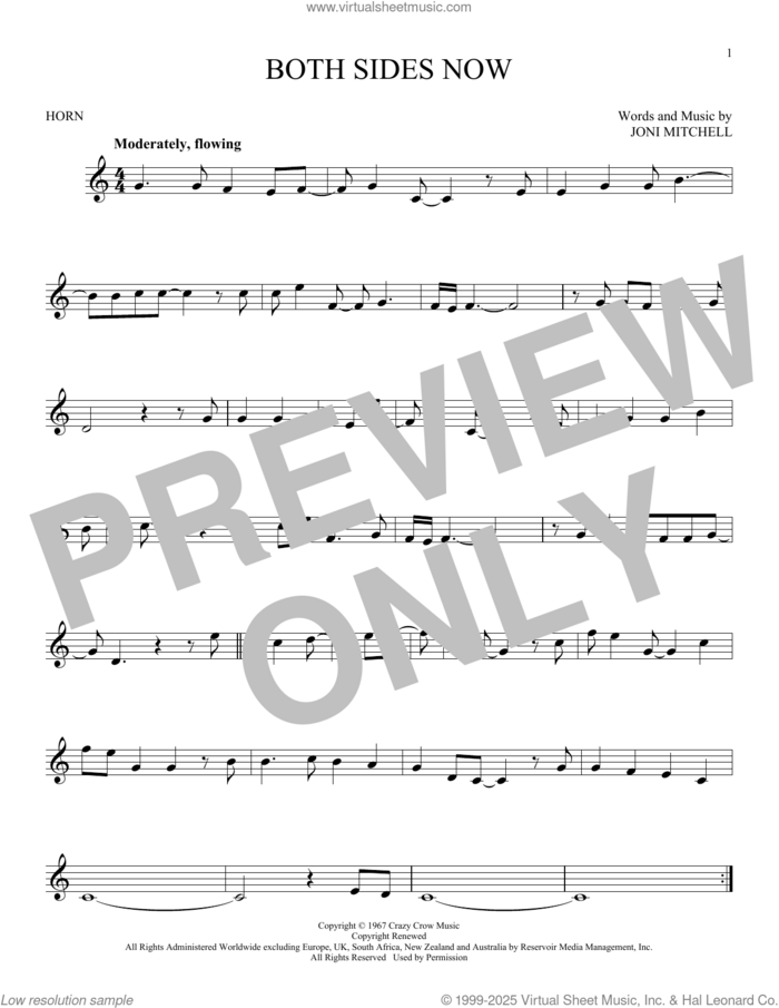 Both Sides Now sheet music for horn solo by Joni Mitchell, intermediate skill level
