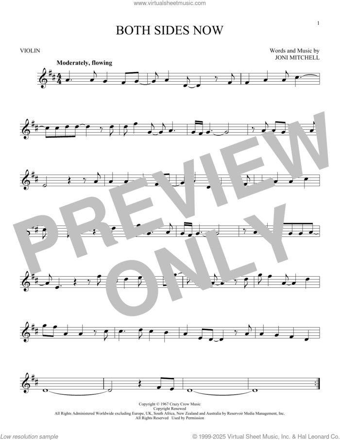 Both Sides Now sheet music for violin solo by Joni Mitchell, intermediate skill level