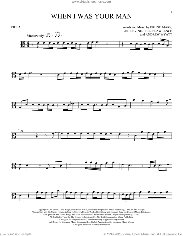 When I Was Your Man sheet music for viola solo by Bruno Mars, Andrew Wyatt, Ari Levine, Peter Gene Hernandez and Philip Lawrence II, intermediate skill level