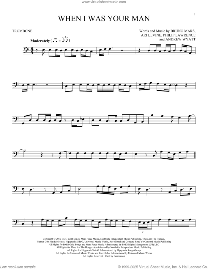When I Was Your Man sheet music for trombone solo by Bruno Mars, Andrew Wyatt, Ari Levine, Peter Gene Hernandez and Philip Lawrence II, intermediate skill level
