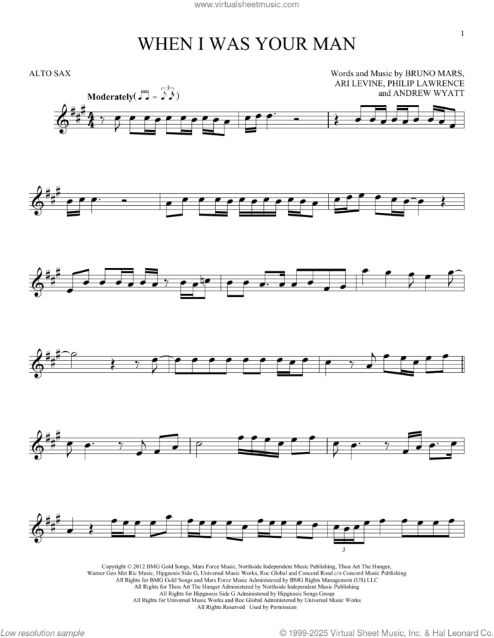 When I Was Your Man sheet music for alto saxophone solo by Bruno Mars, Andrew Wyatt, Ari Levine, Peter Gene Hernandez and Philip Lawrence II, intermediate skill level