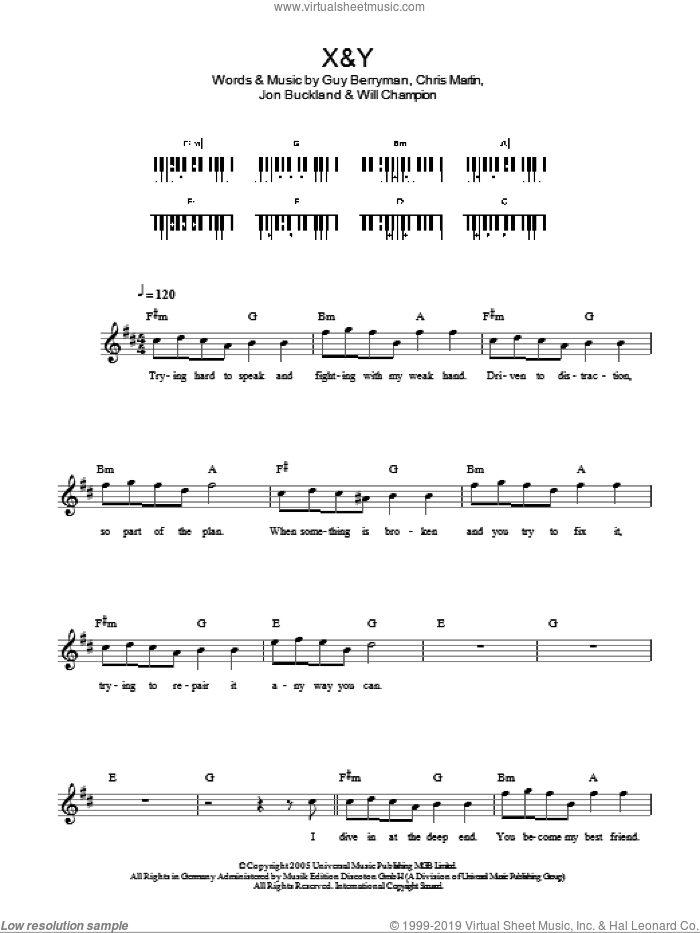 X&Y sheet music for piano solo (chords, lyrics, melody) by Coldplay, Chris Martin, Guy Berryman, Jon Buckland and Will Champion, intermediate piano (chords, lyrics, melody)