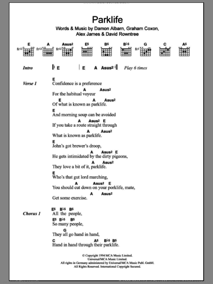 Parklife sheet music for guitar (chords) by Blur, Alex James, Damon Albarn, David Rowntree and Graham Coxon, intermediate skill level