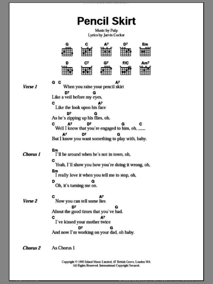 Pencil Skirt sheet music for guitar (chords) by Pulp and Jarvis Cocker, intermediate skill level