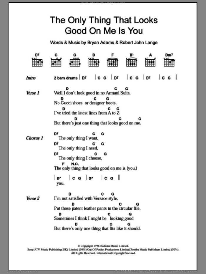 The Only Thing That Looks Good On Me Is You sheet music for guitar (chords) by Bryan Adams and Robert John Lange, intermediate skill level