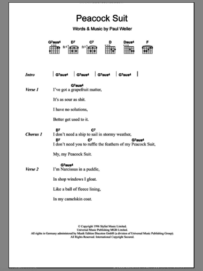 Peacock Suit sheet music for guitar (chords) by Paul Weller, intermediate skill level