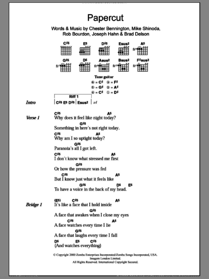 Papercut sheet music for guitar (chords) by Linkin Park, Brad Delson, Chester Bennington, Joseph Hahn, Mike Shinoda and Rob Bourdon, intermediate skill level