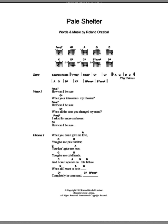 Pale Shelter sheet music for guitar (chords) by Tears For Fears and Roland Orzabal, intermediate skill level