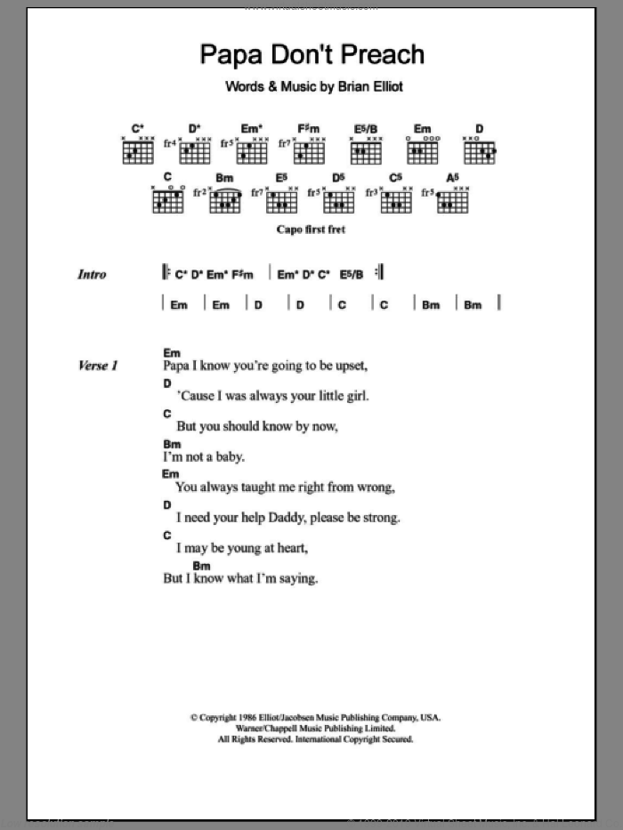 Papa Don't Preach sheet music for guitar (chords) by Madonna and Brian Elliot, intermediate skill level