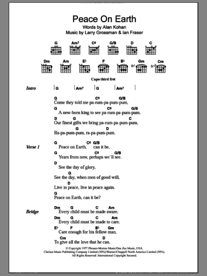 Peace On Earth sheet music for guitar (chords) by David Bowie, Alan Kohan, Ian Fraser and Larry Grossman, intermediate skill level