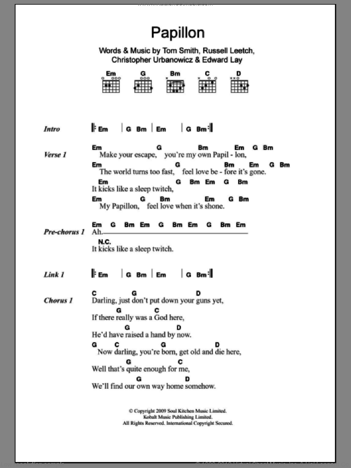 Papillon sheet music for guitar (chords) by Editors, Christopher Urbanowicz, Edward Lay, Russell Leetch and Tom Smith, intermediate skill level