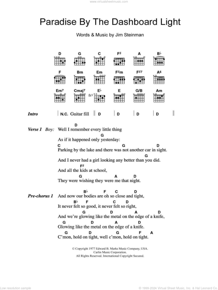 Paradise By The Dashboard Light sheet music for guitar (chords) by Meat Loaf and Jim Steinman, intermediate skill level