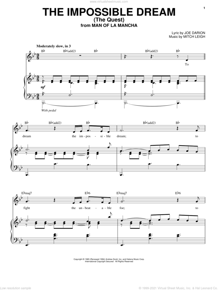 The Impossible Dream (The Quest) sheet music for voice and piano by Andy Williams, Joe Darion and Mitch Leigh, intermediate skill level