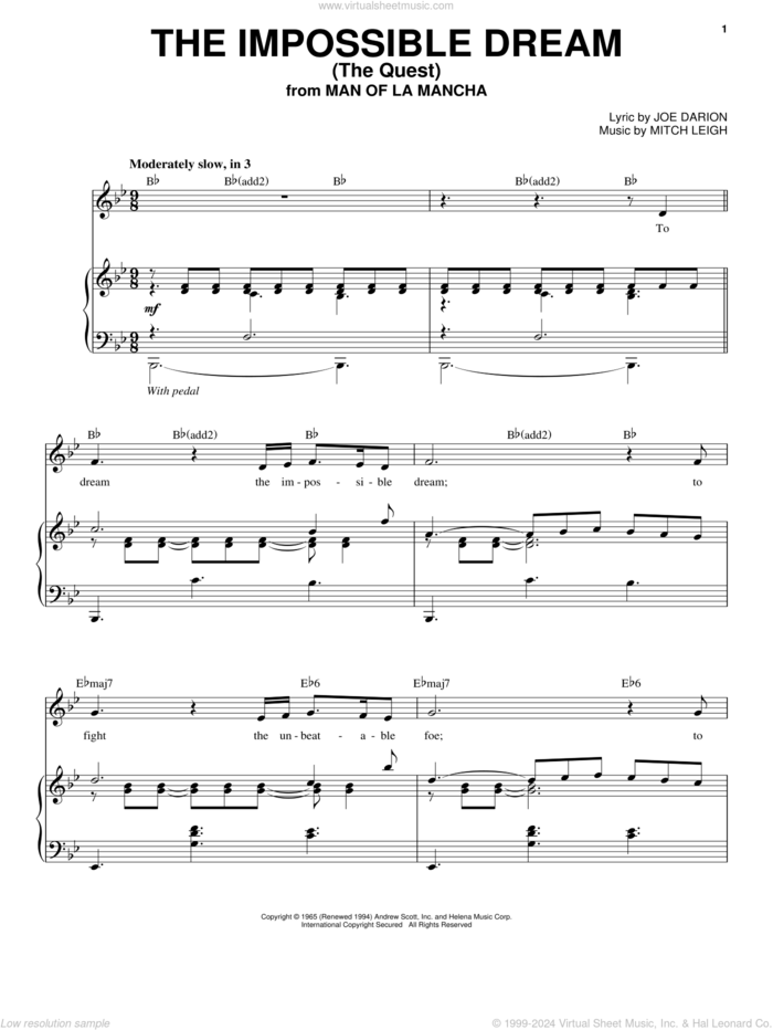 The Impossible Dream (The Quest) sheet music for voice and piano by Andy Williams, Joe Darion and Mitch Leigh, intermediate skill level