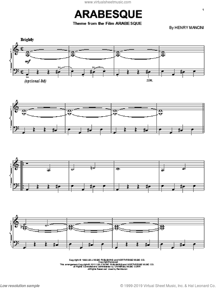 Arabesque sheet music for piano solo by Henry Mancini, intermediate skill level