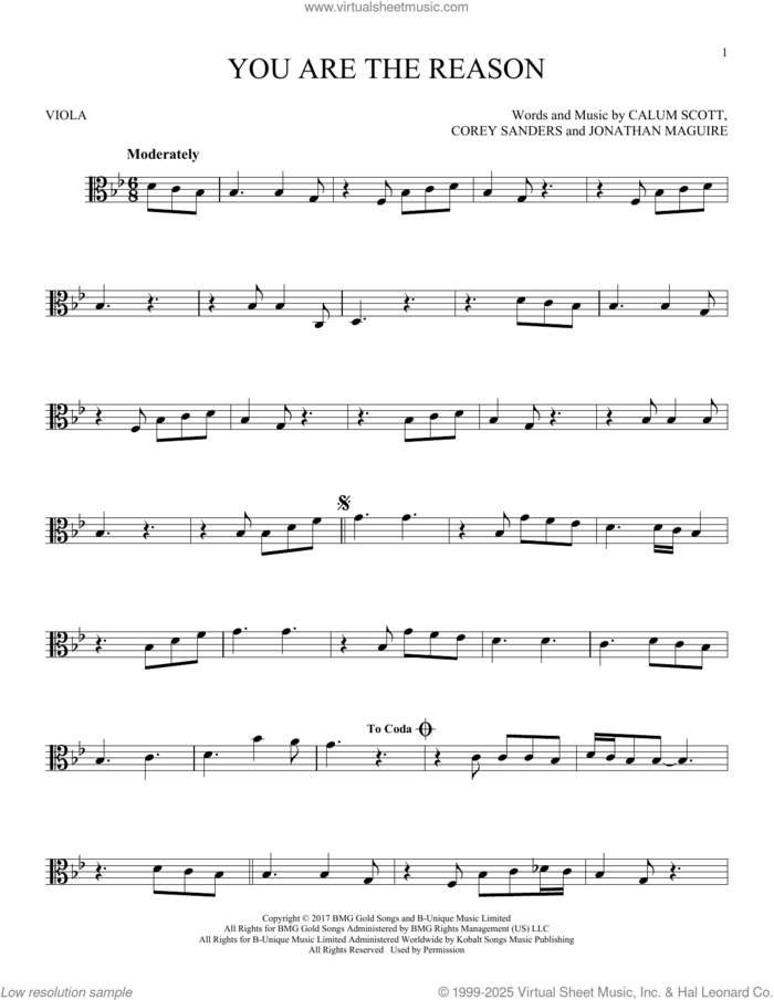 You Are The Reason sheet music for viola solo by Calum Scott, Corey Sanders and Jon Maguire, intermediate skill level
