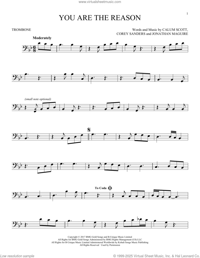 You Are The Reason sheet music for trombone solo by Calum Scott, Corey Sanders and Jon Maguire, intermediate skill level