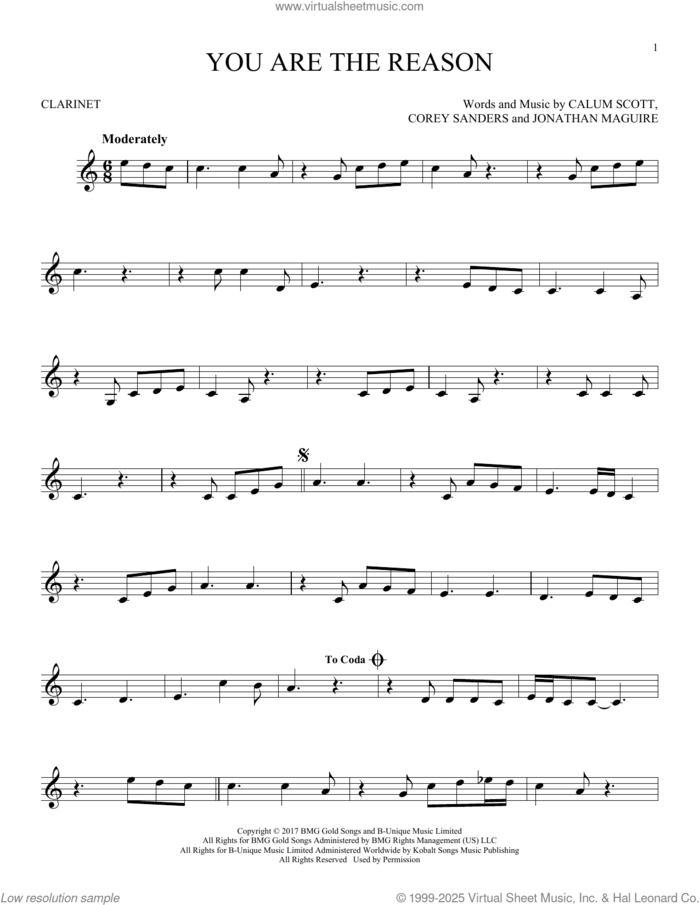 You Are The Reason sheet music for clarinet solo by Calum Scott, Corey Sanders and Jon Maguire, intermediate skill level