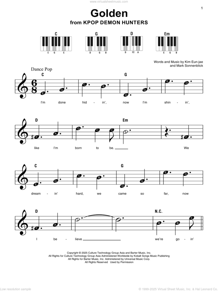 Golden (from KPop Demon Hunters), (beginner) sheet music for piano solo by Huntr/x (Ejae, Audrey Nuna and Rei Ami), Kim Eun-jae aka EJAE and Mark Sonnenblick, beginner skill level