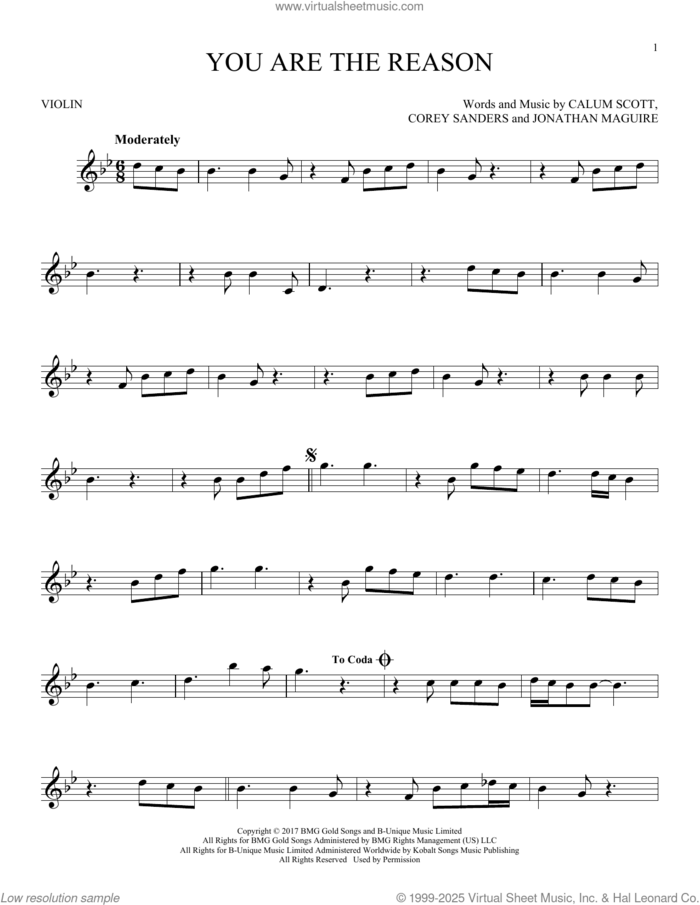 You Are The Reason sheet music for violin solo by Calum Scott, Corey Sanders and Jon Maguire, intermediate skill level