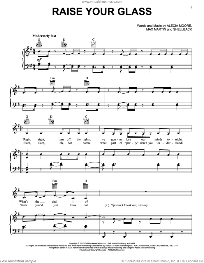 Raise Your Glass sheet music for voice, piano or guitar by Max Martin, Miscellaneous, Alecia Moore and Johan Schuster, intermediate skill level