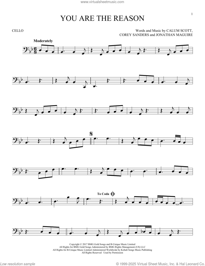 You Are The Reason sheet music for cello solo by Calum Scott, Corey Sanders and Jon Maguire, intermediate skill level